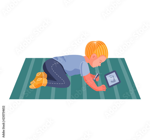 The boy with the tablet. The boy is watching cartoons. Internet addiction. Vector illustration. Flat style.