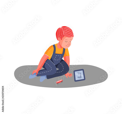 The boy with the tablet. The boy is watching cartoons. Internet addiction. Vector illustration. Flat style.