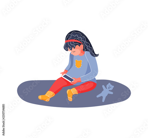 Girl with a smartphone. The boy is watching cartoons. Internet addiction. Vector illustration. Flat style.