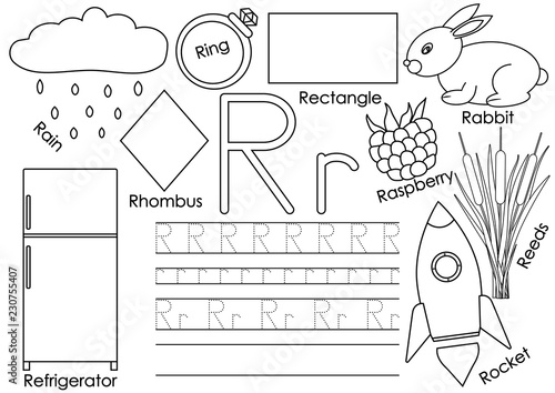 Letter R. Card with pictures and writing practice for preschool children. Learning English language. Coloring book.