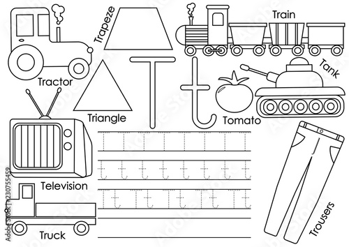Letter T. Education for children. Learning English alphabet with writing practice. Coloring book. Vector illustration.