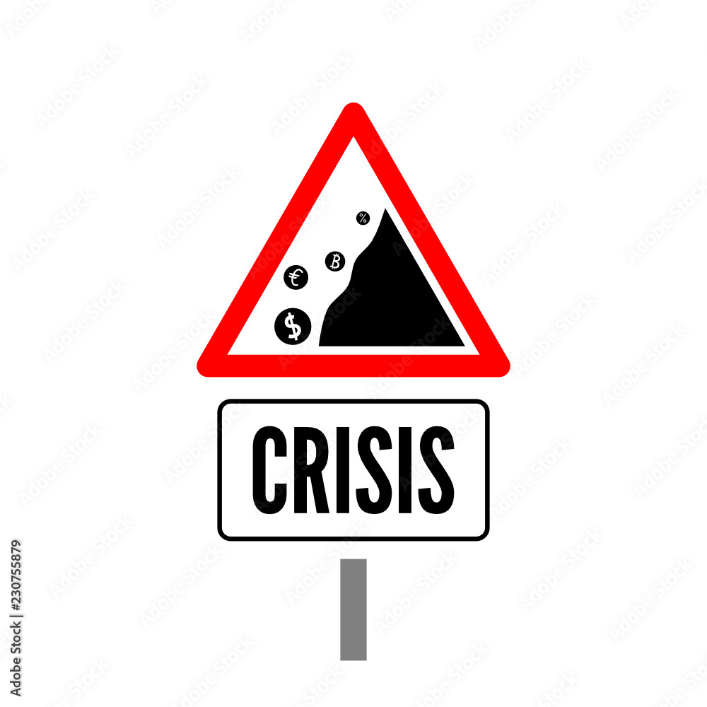 Crisis concept. Falling rocks road sign only with falling dollar, euro, bitcoin and percent signs. With black on white nameplace crisis below Crisis concept. Falling rocks road sign only with falling dollar, euro, bitcoin and percent signs. With black on white nameplace crisis below