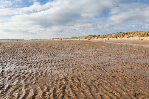 Camber Sands  sandy beach at the village of Camber  East Sussex near Rye  England. Coastline in a low tide  selective focus