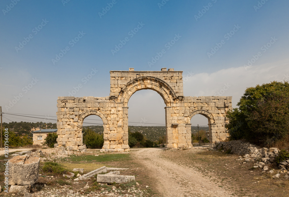 Marble City North Gate.North entrance of ancient city of Uzuncaburc. Uzuncaburc antique city is in the rural area of Silifke district. Mersin, Turkey