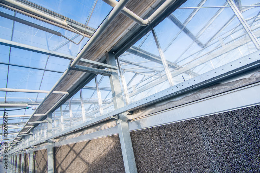 glass roof with filter unit in a modern greenhouse