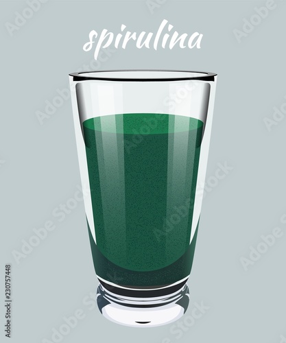 Seaweed green  drink on a white background. Medicinal food additive spirulina. Cartoon style. Medication. Vector illustration