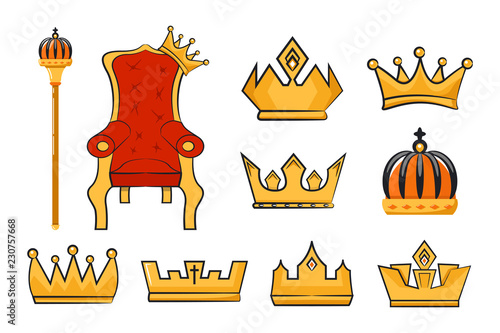 Vector collection of cartoon scepter, king throne and crowns