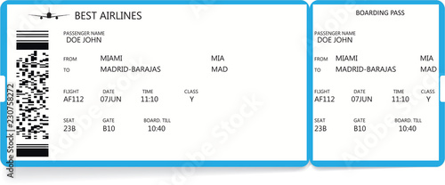 Blue realistic boarding pass ticket with information about passenger. Travel concept.