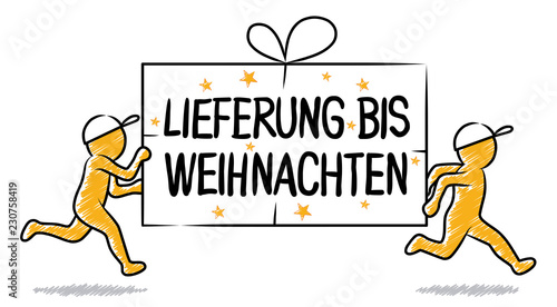 Lieferung bis Weihnachten: Laufende gelbe Strichmännchen bringen Weihnachtspaket pünktlich – Schraffierte Vektor-Zeichnung