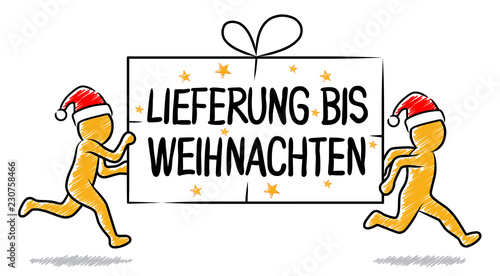 Lieferung bis Weihnachten: Laufende Männchen mit Weihnachtsmützen bringen Geschenkpaket pünktlich – Schraffierte Vektor-Zeichnung