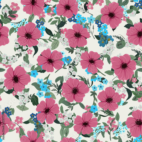 Seamless colorful pattern with different wildflowers on a light background