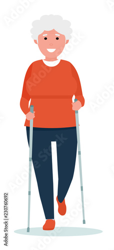 Happy Senior woman making nordic walking. Vector illustration. Healthy lifestyle concept. Cartoon flat style illustration