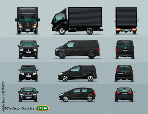 Four types of cars to work in the city. The layout of the three positions of the car.  Black color.