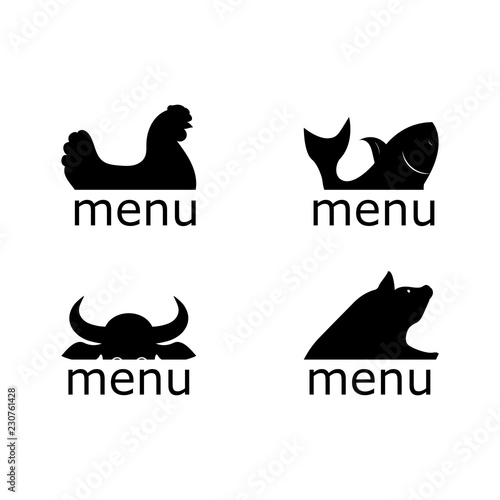 Chicken menu. Fish menu. Beef menu. Pork menu. Flat animal icons