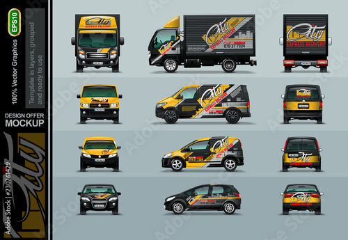 Four types of cars in three positions. For the application of Your advertising. Mockup is grouped and ready for change.