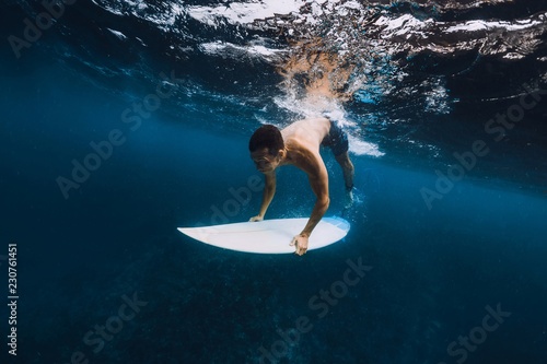 Man surfer with surfboard dive underwater of big ocean wave.