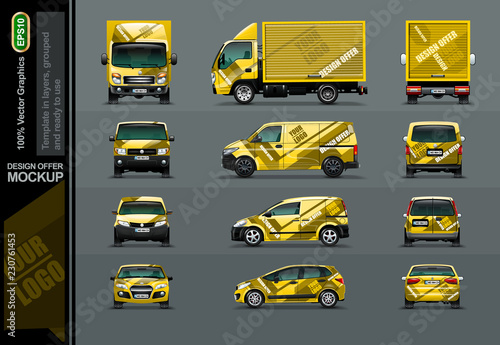Set of Yellow cars in tree position. For the application of Your advertising. Mockup is grouped and ready for change.