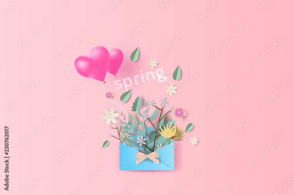 Paper art of graphic design bouquet with springtime season text.Paper letters and packages of Bouquet flowers,leaf and balloon heart for text placed on pink pastel color backgroun.vector,illustration.