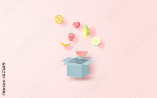 illustration of Many fruit colorful Hang on the box open the lid.Collection geometric polygonal 3d paper art style fruits,triangles,apple,Banana, orange,strawberry,pineapple,watermelon,kiwi.vector © 3d-ganeshaArtphoto