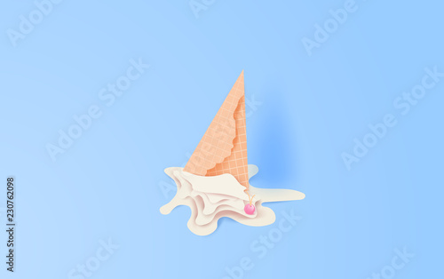 3d paper art and craft of Cute cone white vanilla ice cream fall to ground. cherries fall on ice cream melting on blue color pastel background.graphic design vector and illustration concept