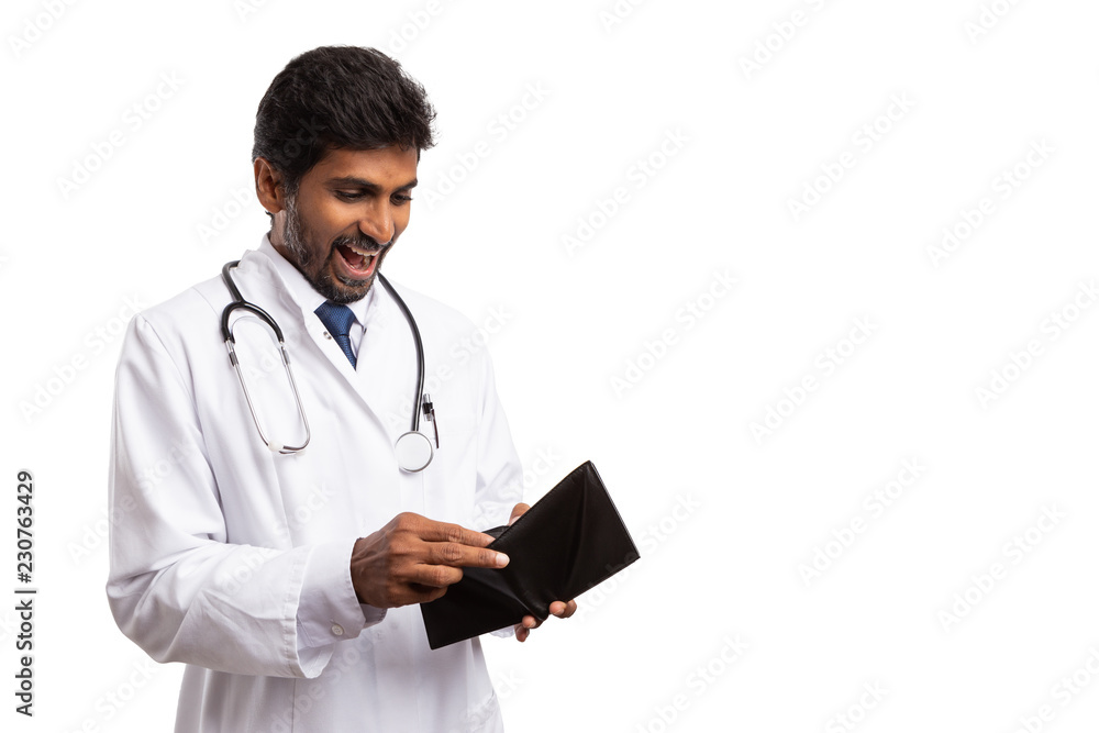 Happy doctor as looking inside wallet. Happy doctor as looking inside wallet.