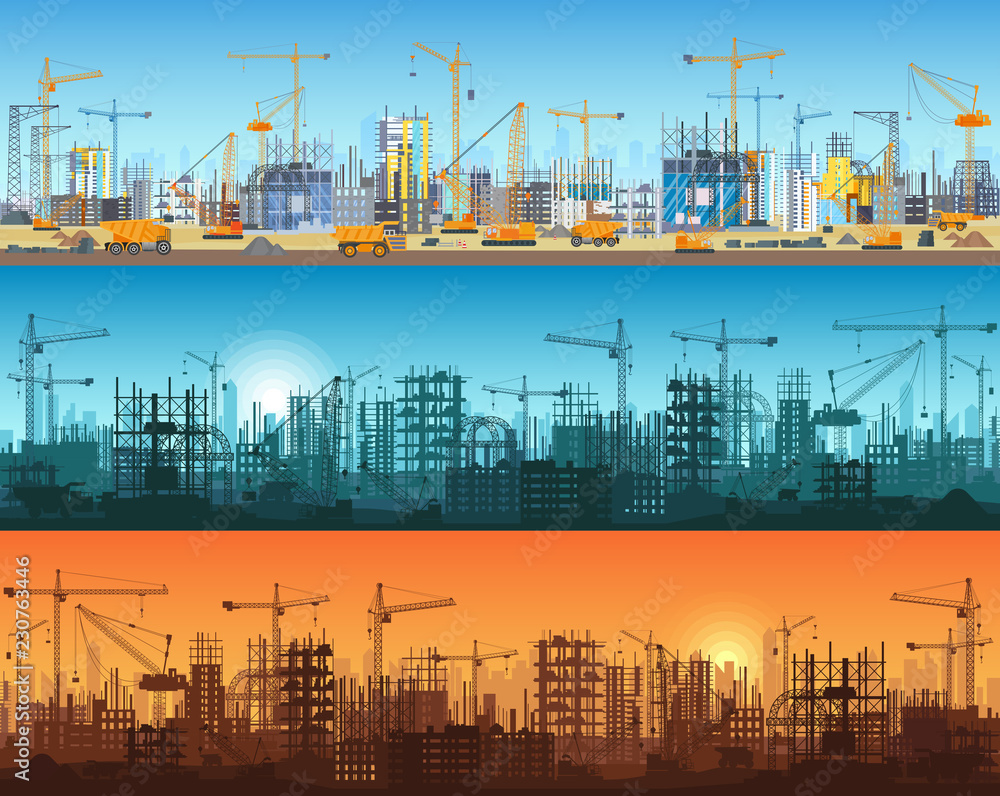 Horizontal banner of city or website construction. Tractors, grader, bulldozers, excavators and tower cranes with skyscraper under construction. Silhouette and trendy flat vector illustration. - obrazy, fototapety, plakaty 