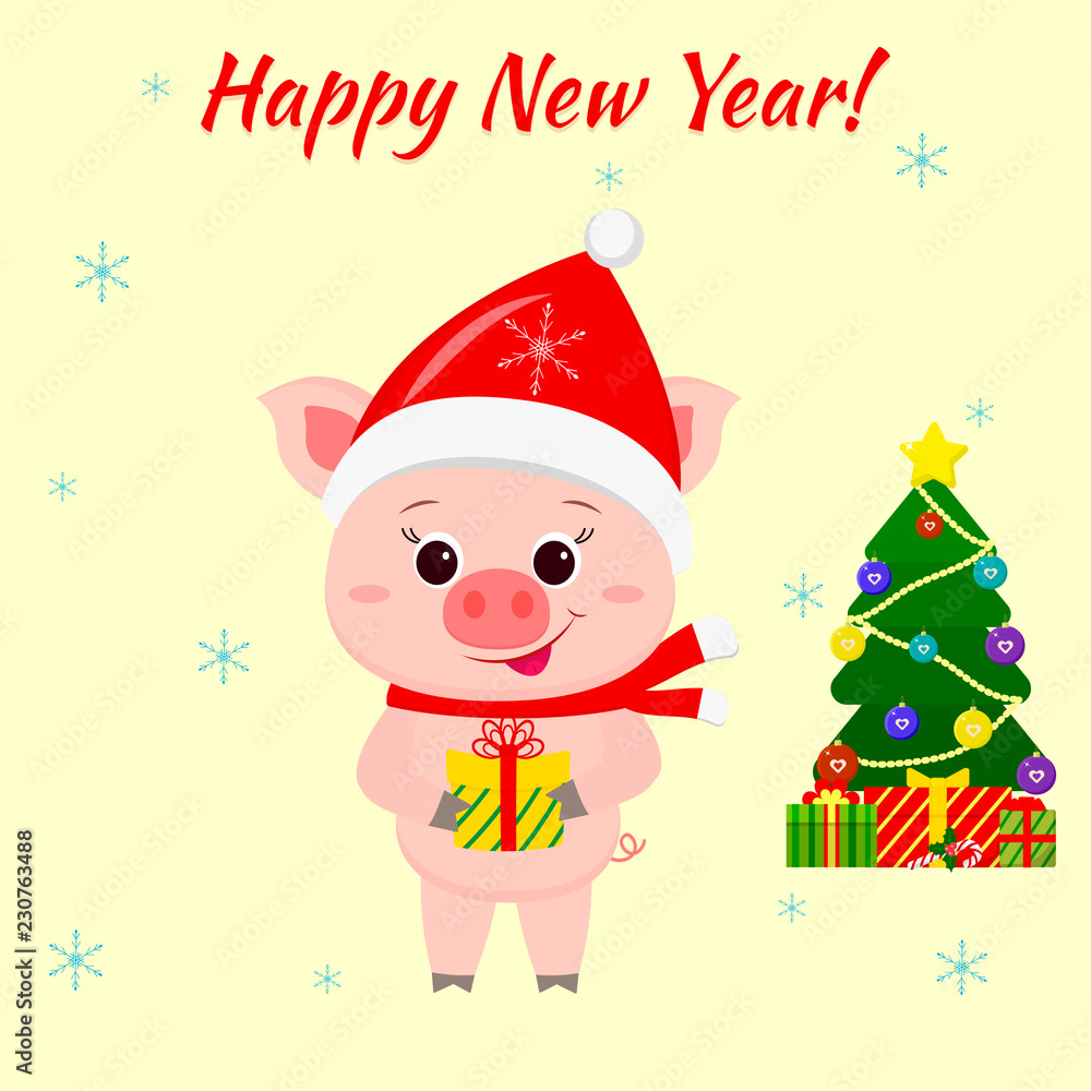 Happy New Year and Merry Christmas Greeting Card. A cute pig wearing a Santa Claus hat and scarf is holding a box with a gift. Christmas tree and boxes with gifts. 2019. Vector Happy New Year and Merry Christmas Greeting Card. A cute pig wearing a Santa Claus hat and scarf is holding a box with a gift. Christmas tree and boxes with gifts. 2019. Vector