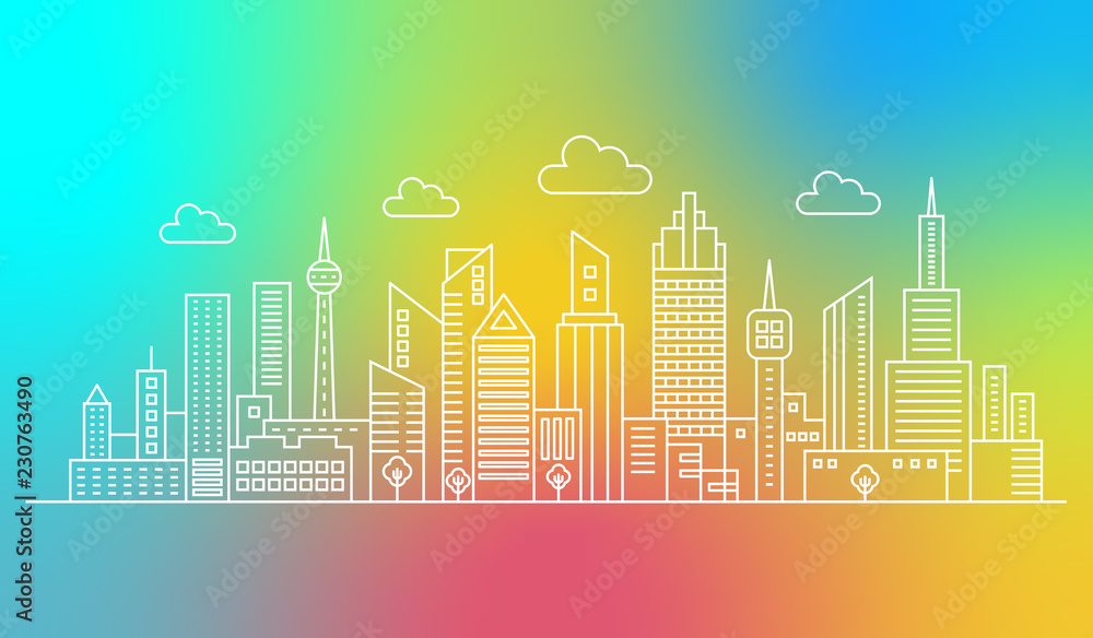 Fototapeta premium Modern outline line city skyscrapers on the trendy vector gradient mix color background.