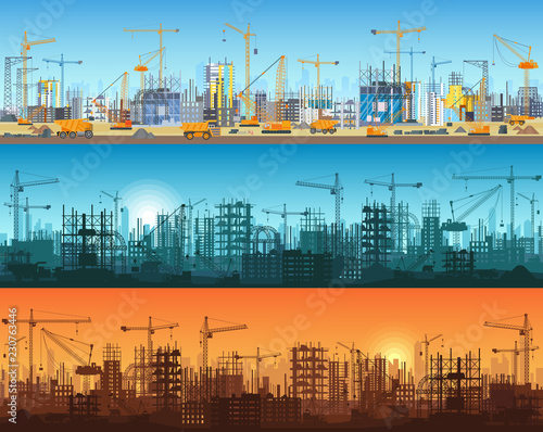 Horizontal banner of city or website construction. Tractors, grader, bulldozers, excavators and tower cranes with skyscraper under construction. Silhouette and trendy flat vector illustration.