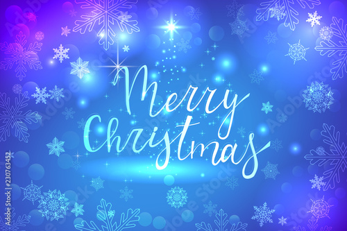 blue glowing merry christmas background with white snowflakes