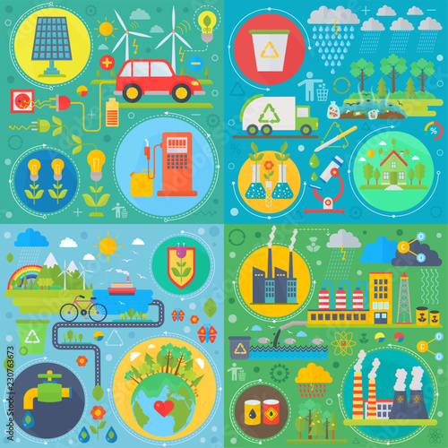 Trendy flat design ecology vector set of web icons. Ecological friendly, low zero emission. Modern green power plants and energy producing stations. Save Earth.