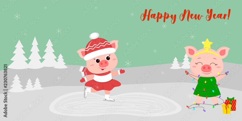 Happy New Year and Merry Christmas Greeting Card. Two cute pigs. One goes to the rink, the other in a Christmas tree costume stands next to the tree with gifts. Vector Happy New Year and Merry Christmas Greeting Card. Two cute pigs. One goes to the rink, the other in a Christmas tree costume stands next to the tree with gifts. Vector