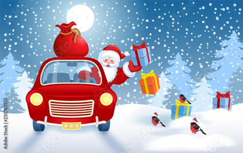 Christmas card with Santa Claus in red car with gift boxes and big bag and bullfinch birds against winter forest background