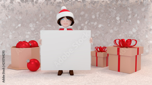 Greeting card Happy New Year. Character, gifts, elon balls. 3D rendering