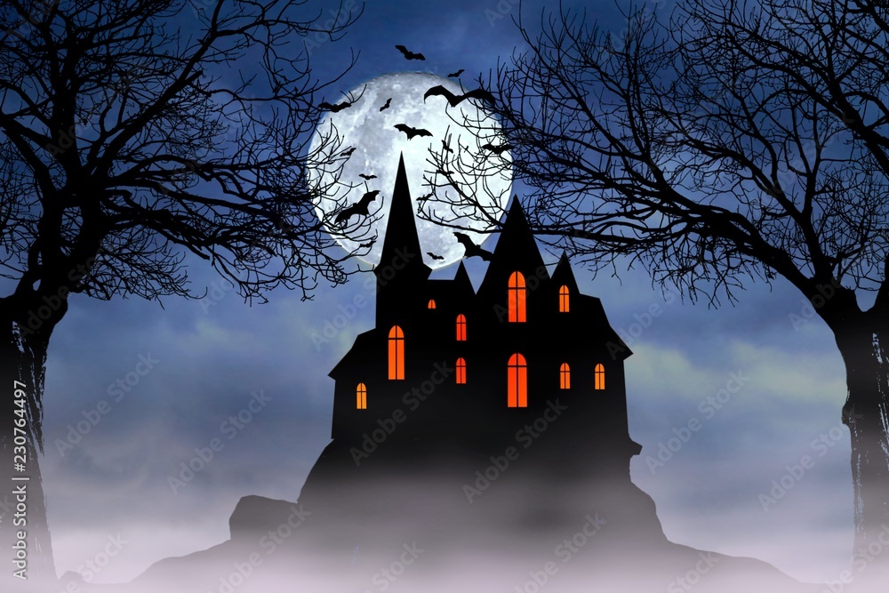 Halloween full moon night background with haunted house, scary dead trees, and bats.