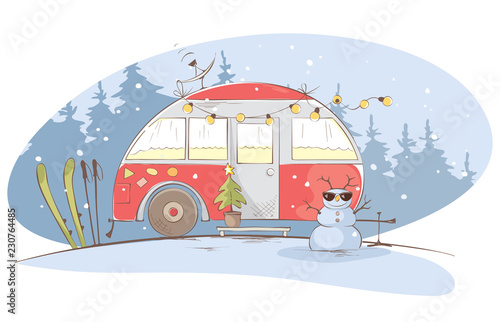 Winter travel in a house on wheels / Funny red house on wheels in the Christmas forest, vector illustration