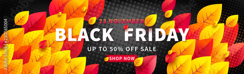 Black friday sale vector promotion web banner with two open zippers on abstract yellow background. Fall season, flyer template for autumn seasonal discounts, special offer 50 off, advertising poster