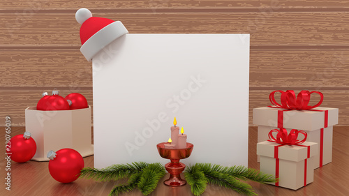 Greeting card Merry Christmas and Happy New Year. Gifts, Christmas, balls, banner for text. 3D rendering