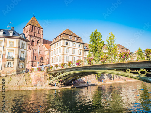 Strasbourg, France - Aug 18, 2018: view of historic district in old town, nestles on an island formed by two arms of the River Ill. It is home to an impressive historic and architectural heritage