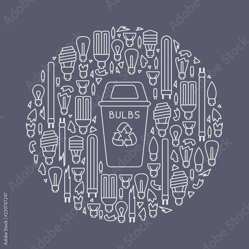 Light bulbs recycling card. Line style vector illustration