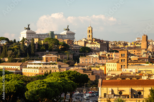 Cityscape of Rome and the "Altare della Patria" (Monumento Nazionale a Vittorio Emanuele II) against blue sky in Rome, Italy 