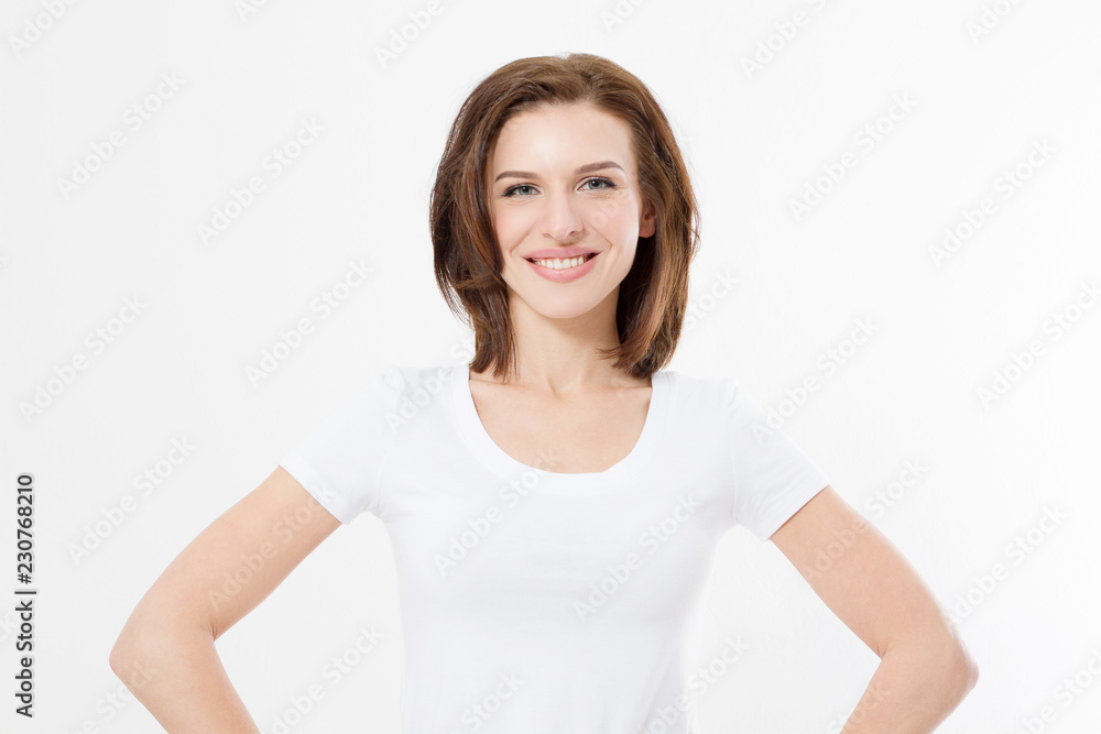 Blank t shirt. Happy young caucasian girl isolated on white background. Copy space. Mock up. Summer woman clothes. Blank t shirt. Happy young caucasian girl isolated on white background. Copy space. Mock up. Summer woman clothes.
