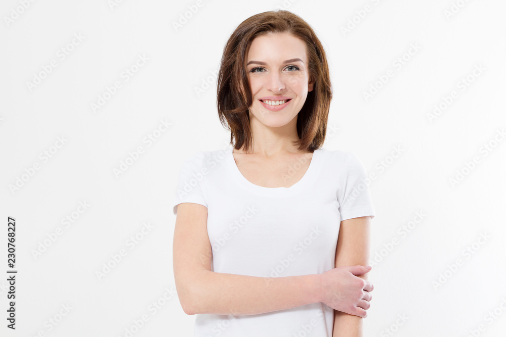 Blank t shirt. Happy young caucasian girl isolated on white background. Copy space. Mock up. Summer woman clothes. Blank t shirt. Happy young caucasian girl isolated on white background. Copy space. Mock up. Summer woman clothes.