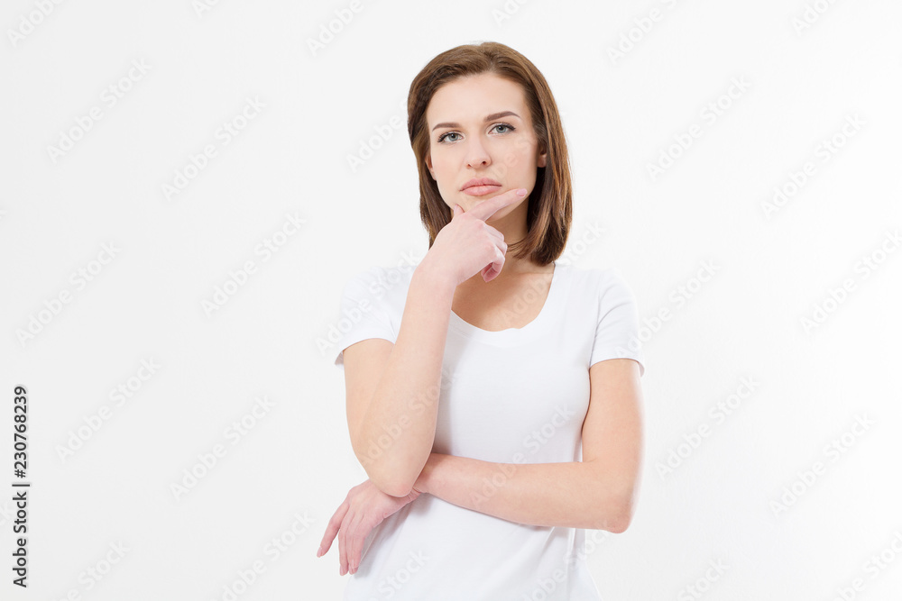 Young serious thinking caucasian woman isolated on white background. Copy space. Mock up. Beauty and skin care concept. Young serious thinking caucasian woman isolated on white background. Copy space. Mock up. Beauty and skin care concept.