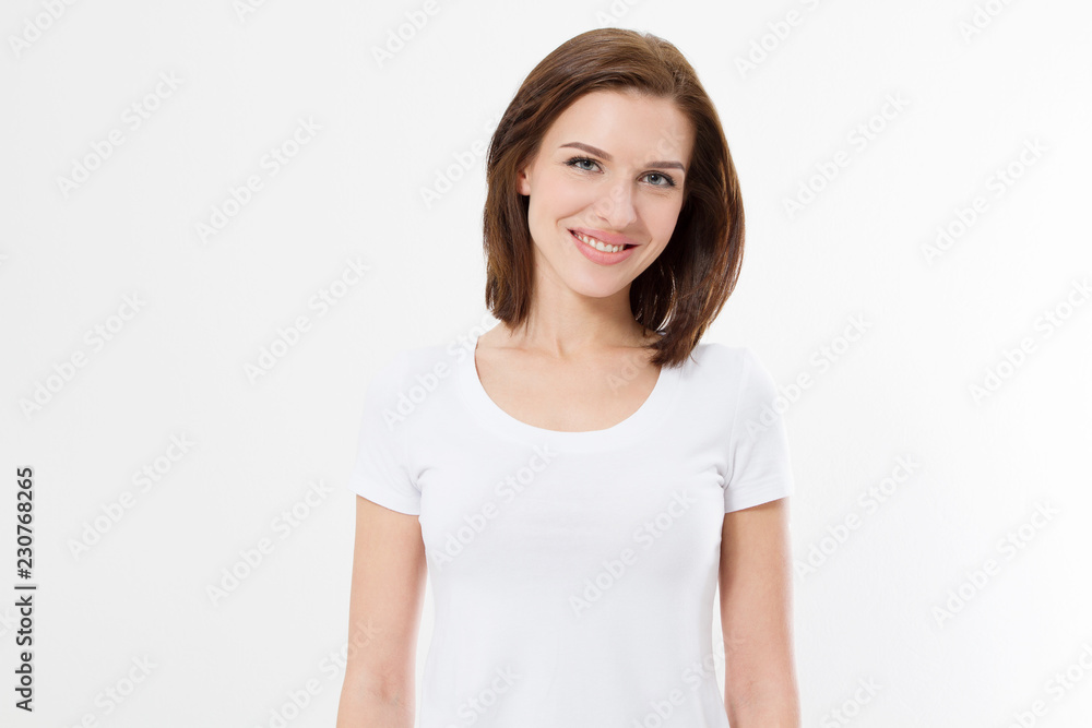 Blank t shirt. Happy young caucasian girl isolated on white background. Copy space. Mock up. Summer woman clothes. Blank t shirt. Happy young caucasian girl isolated on white background. Copy space. Mock up. Summer woman clothes.
