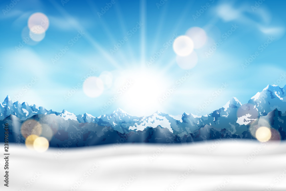 Sunny mountain range with fog and snow background. blue mountain landscape for travel, tourism and hiking concept. Vector illustration