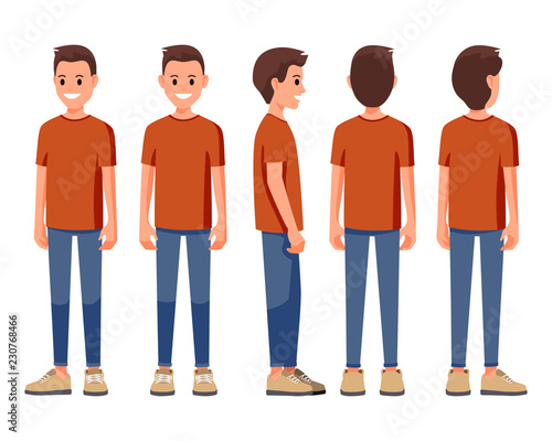 Vector illustration of smiling men in casual clothes under the white background. Cartoon realistic people set. Flat young man. Front view man, Side view man, Back side view man, Isometric view.