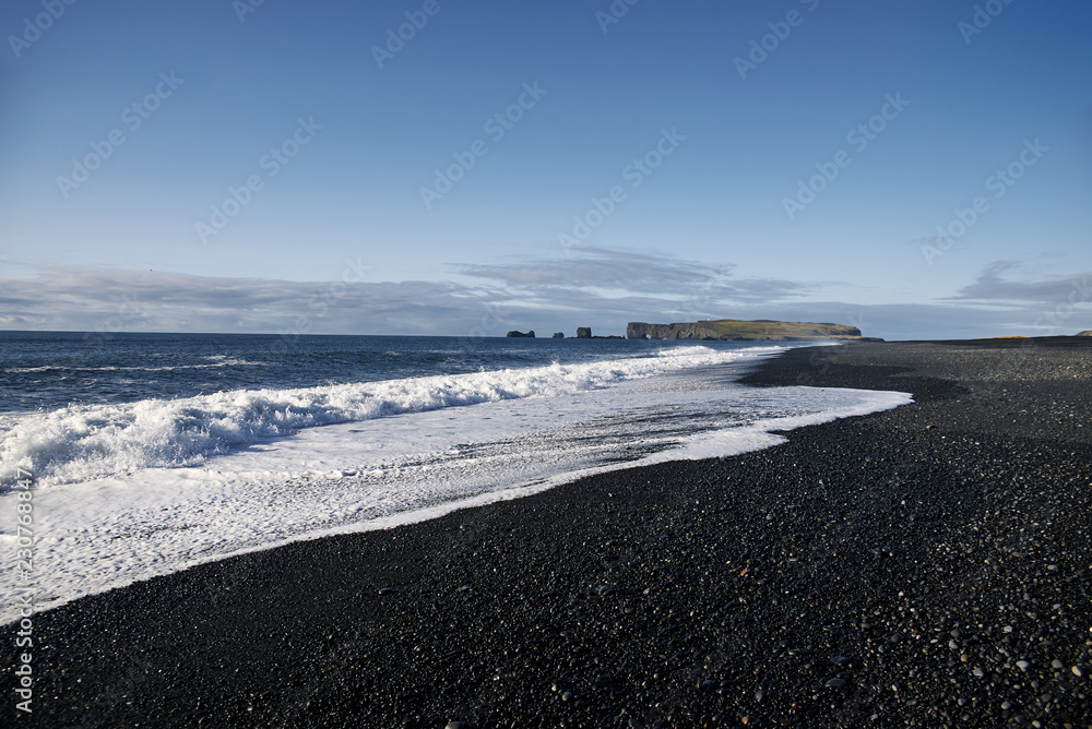View  to the shore with black sand in Iceland