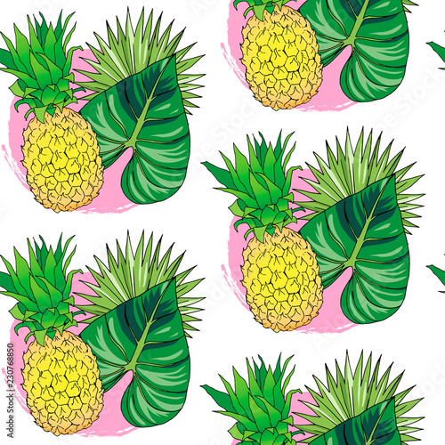 Vector hand drawn abstract tropical seamless pattern of exotic fruit pineapple and leaves. Ananas illustration. Bright pine desert abstract drawing. Tropical vegeterian food design element.