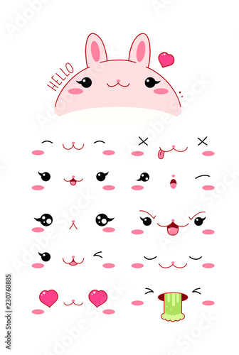 Funny kawaii style rabbit emoticon icon set